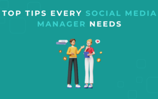 Nad Marketing tips for social media managers featuring two animated characters and engagement icons on a teal background
