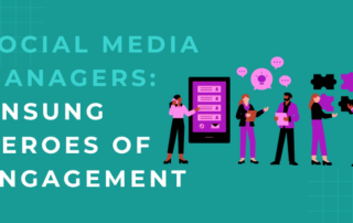 Five diverse individuals are shown performing social media-related tasks, including holding a smartphone with app icons