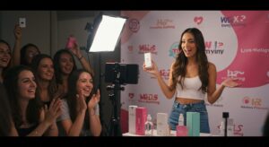 Influencer presenting beauty products at a live event with an excited audience